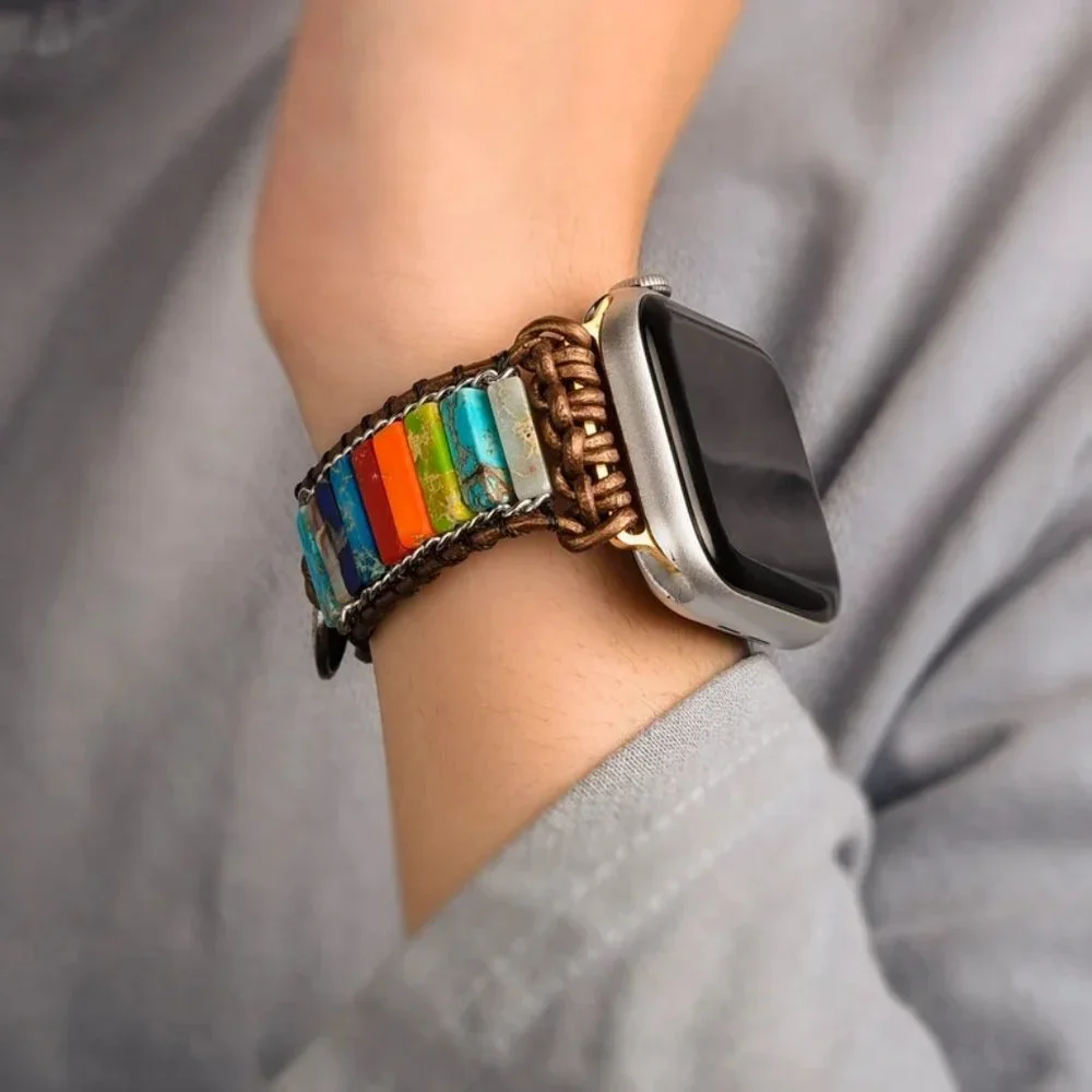 7 Chakra Gemstone Leather Watch Band Strap for Apple Watch 8 7 6 5 / 38 40 41 mm